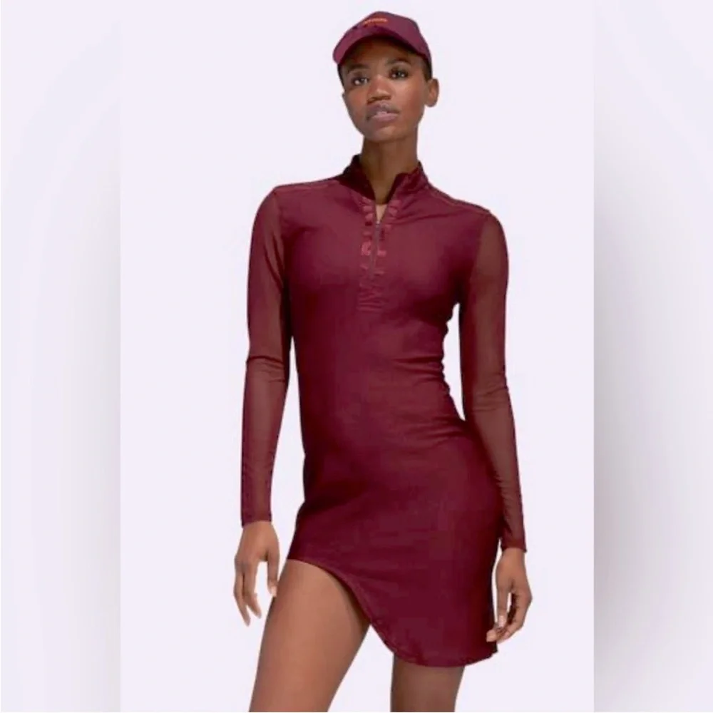 Adidas × IVY PARK Long Sleeve Front Zip Bodycon Asymmetric Mini Dress Maroon S - Picture 10 of 12